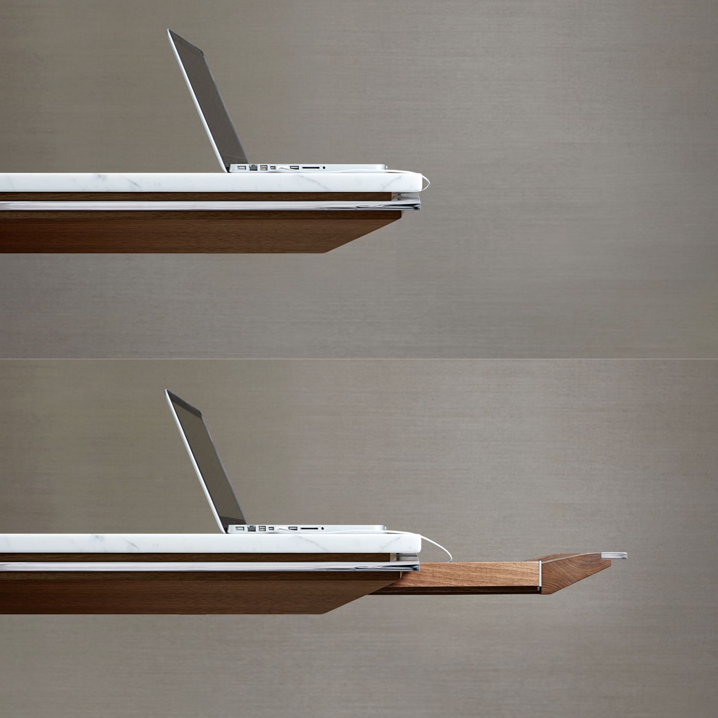 Eliminate surface clutter and comfortably access technology with innovative concealed drawers.