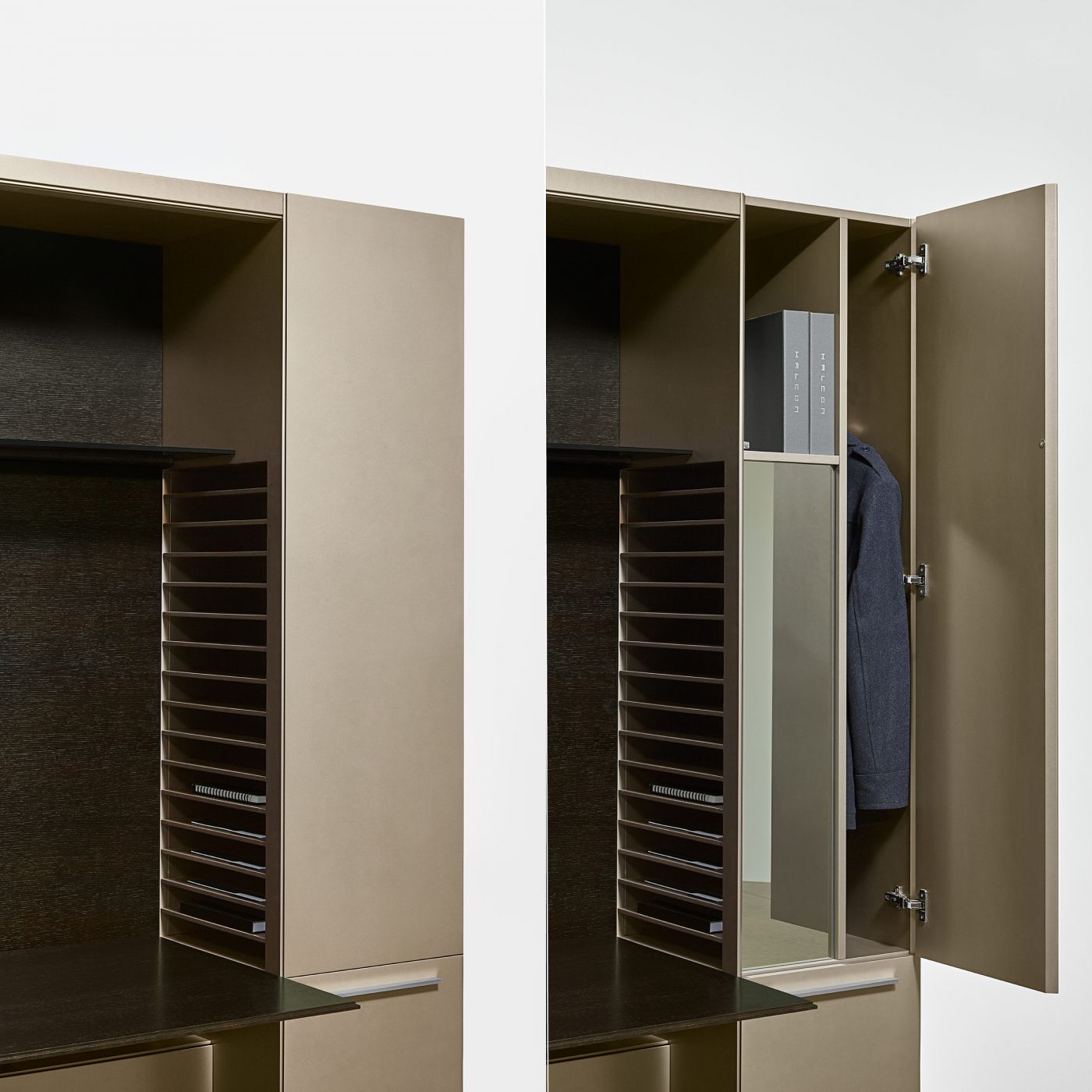 Ultra-efficient storage with discreet project filing, wardrobe, and mirror.