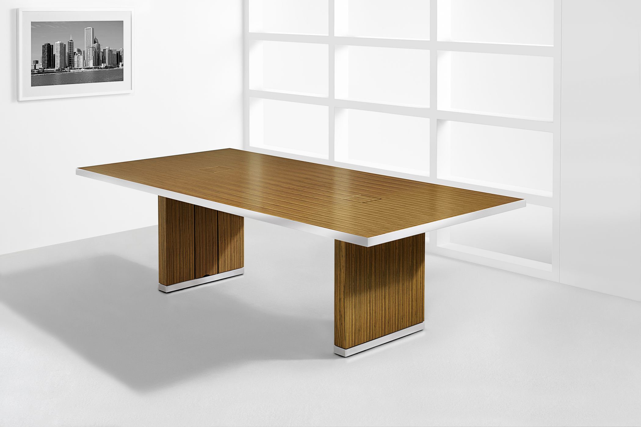 Mobile tables are available in any wood veneer and a range of metal finishes. 