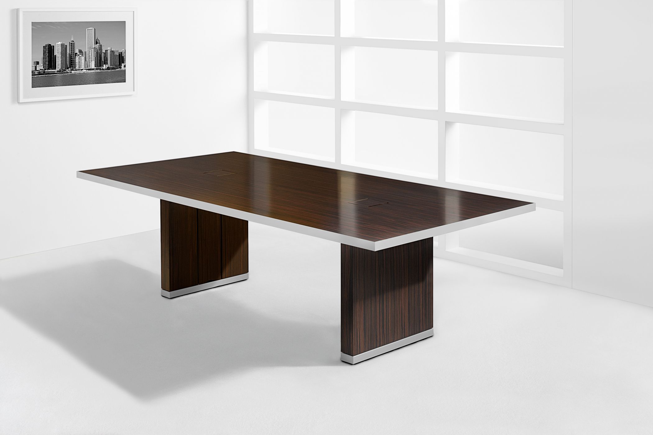 Mobile tables are available in any wood veneer and a range of metal finishes. 