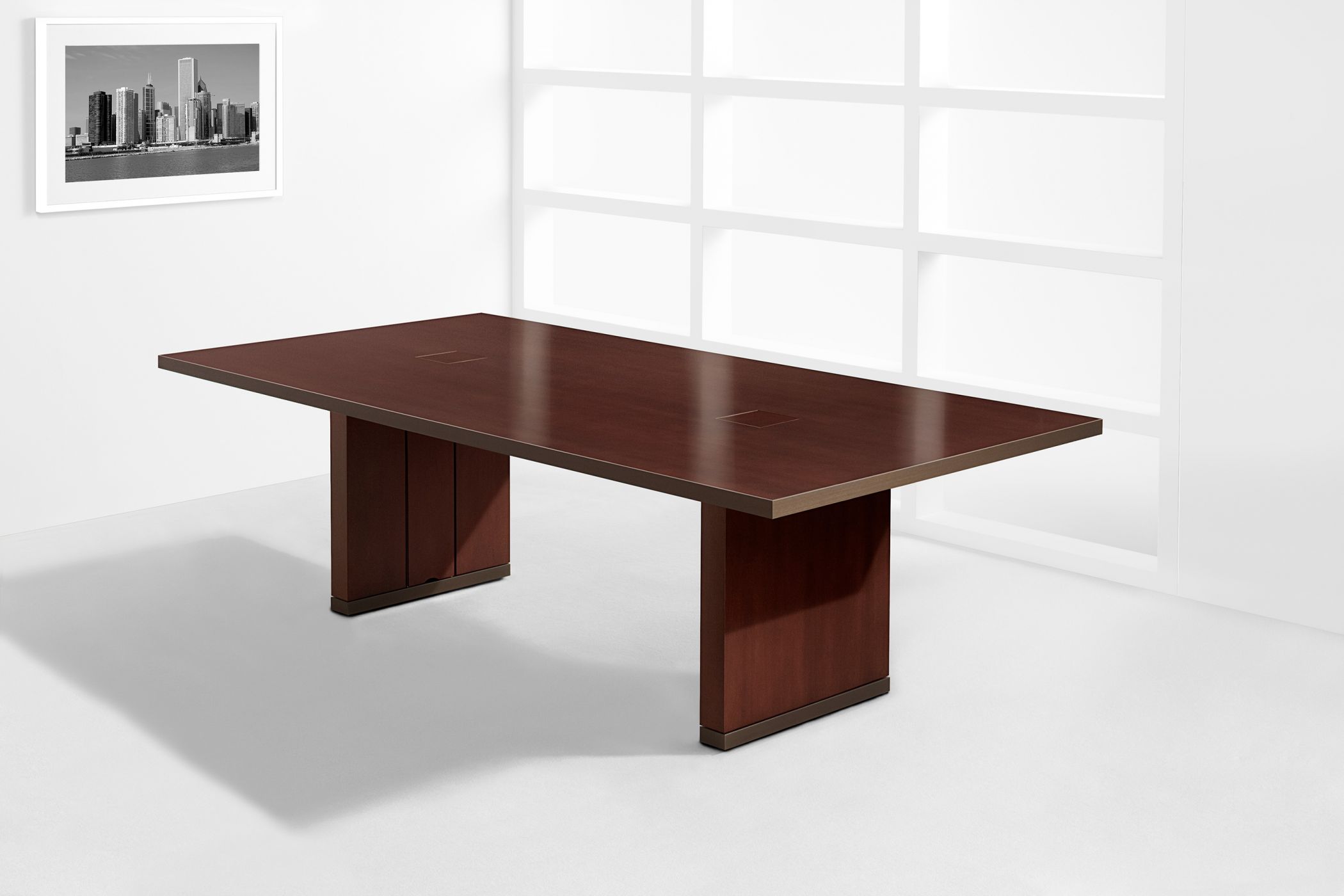 Mobile tables are available in any wood veneer and a range of metal finishes. 