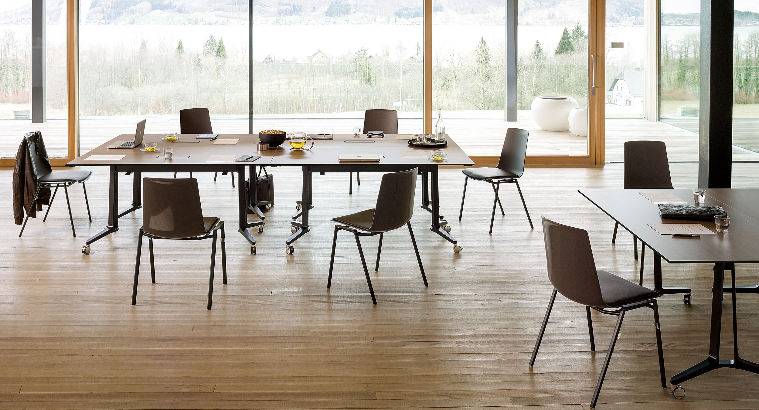 Skill V-leg tables provide versatility for multiple table configurations.