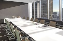 MESA conference table and signature credenza in etched white glass and polished chrome make a powerfully elegant statement. thumbnail