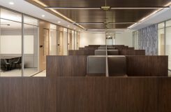 Open office workstations in beautifully sequenced matched smoked walnut. thumbnail