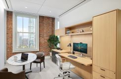 Custom HALO OFFICE with adjustable-height work surface in white oak, and deep bronze.  Calcatta Arabescato surfaced SESSIONS table is the perfect complement. thumbnail