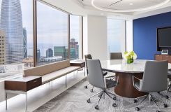 HALO storage and gallery seating complement a stunning MESA table in stone and chrome. thumbnail