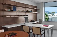 Private offices feature rift oak workwalls, Smoky White laminate surfaces, and brushed aluminum hardware. thumbnail