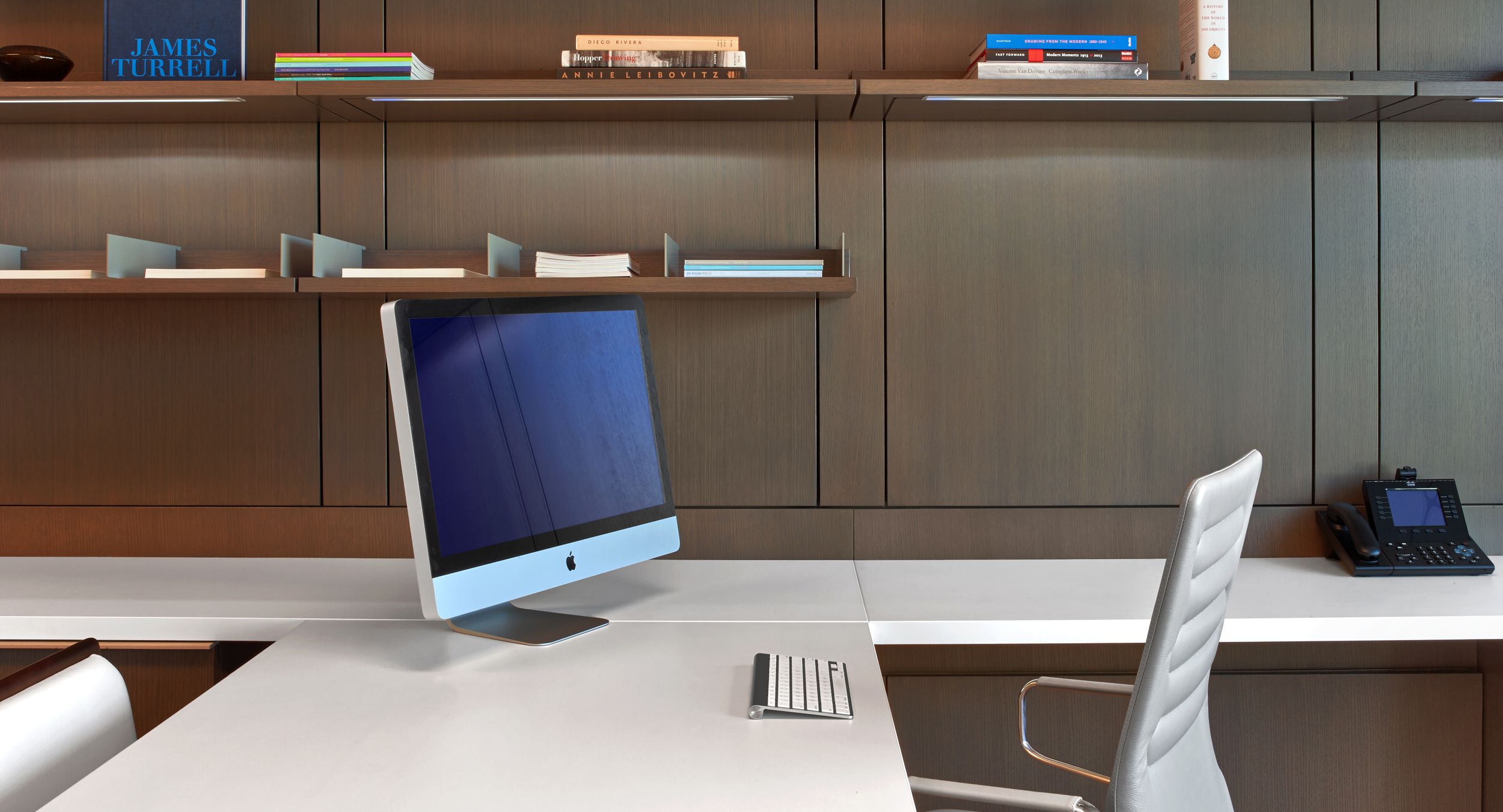 Open shelving is fully-adjustable with integral LED lighting.