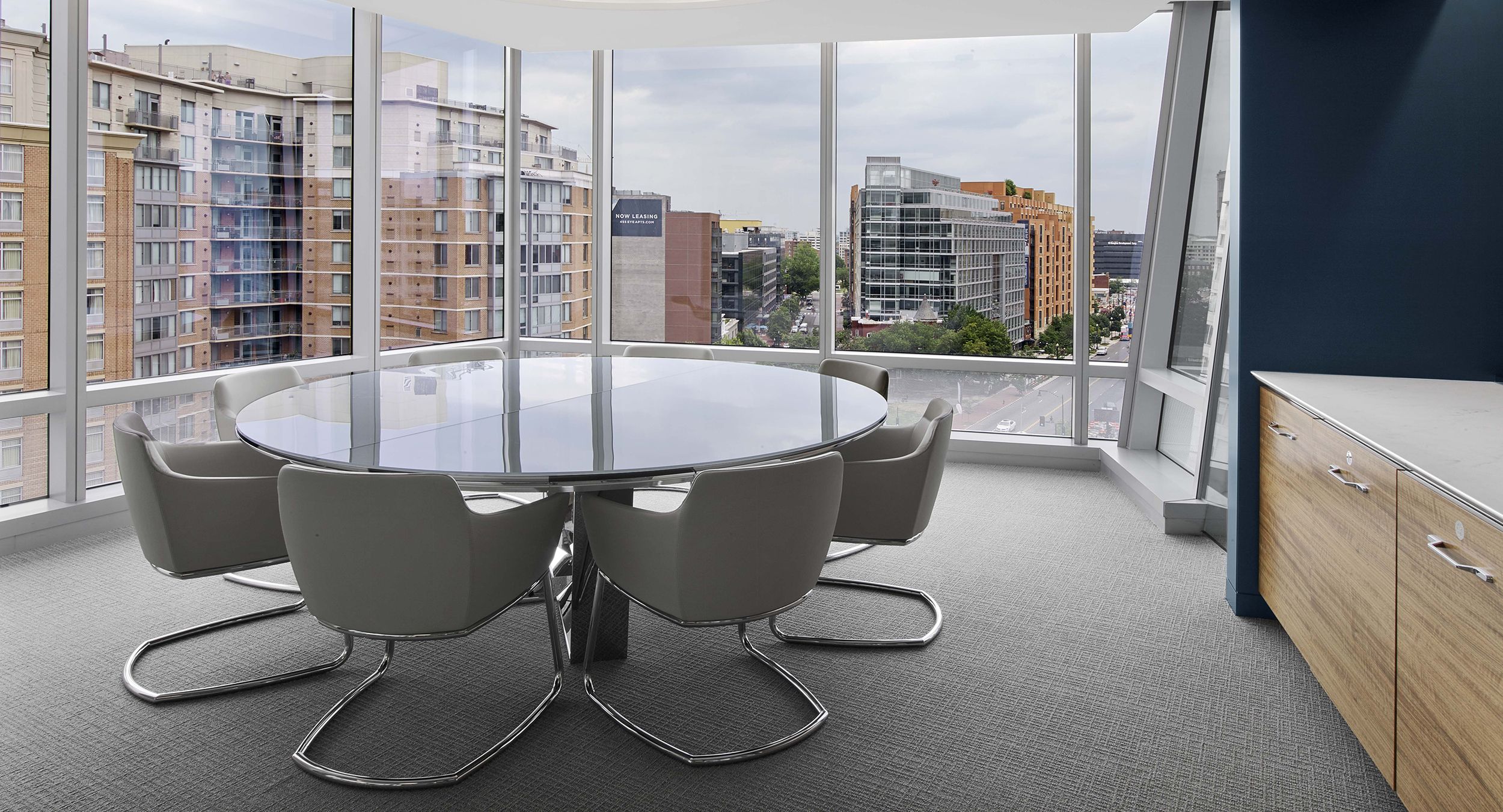 Backpainted Glass and Polished Chrome highlight this sophisticated round MESA table.